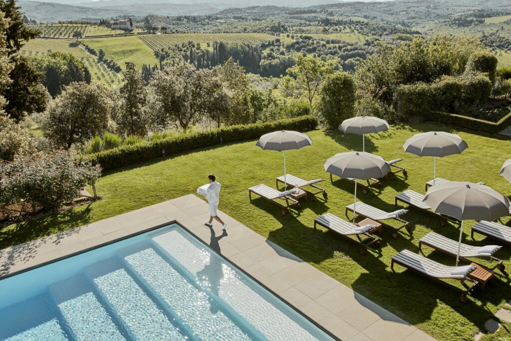 Pool terrace at the resort in Tuscany